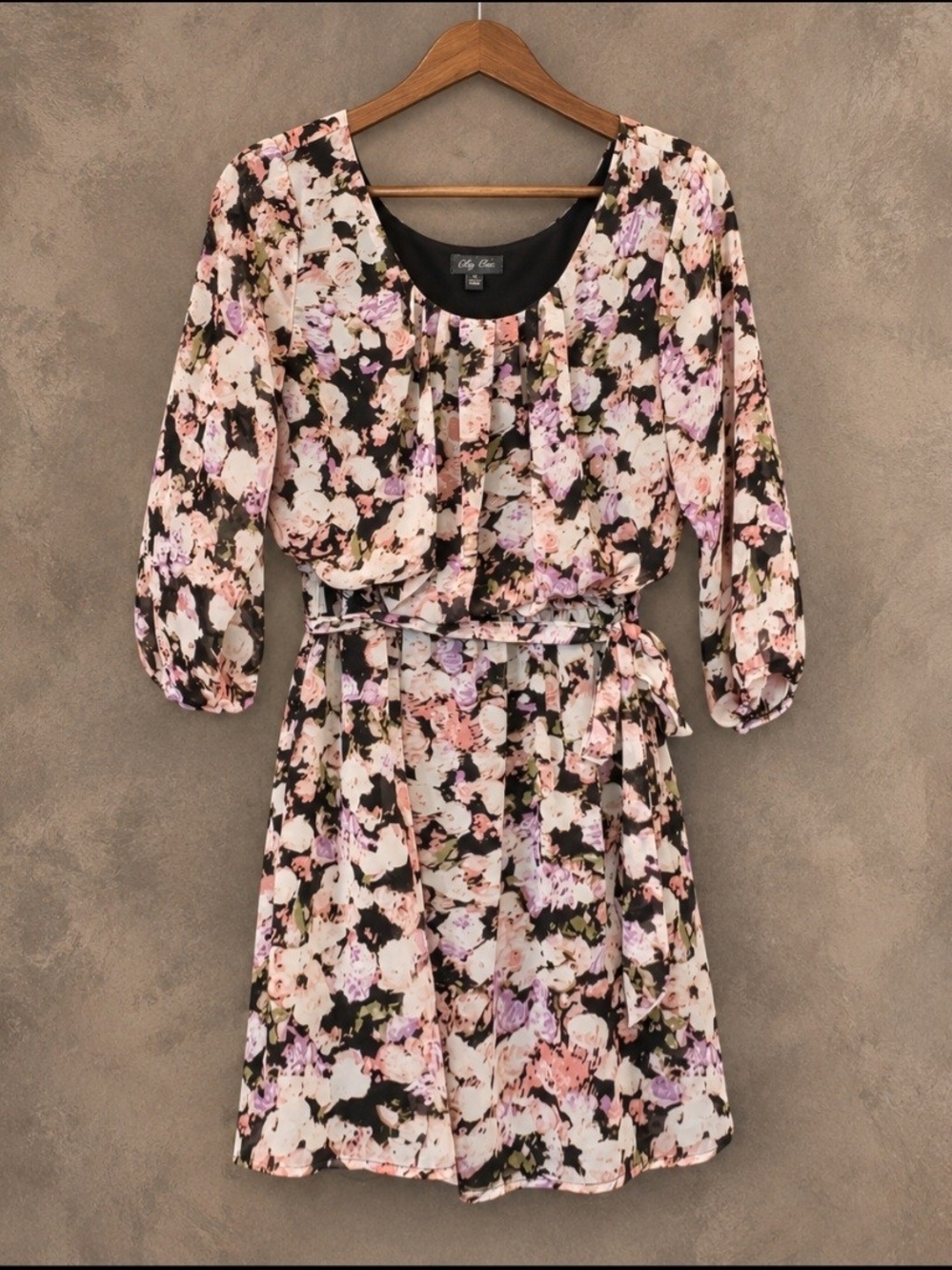 Lily Rose Black Floral Long-Sleeve Belted Dress - Pink & Cream Bloom